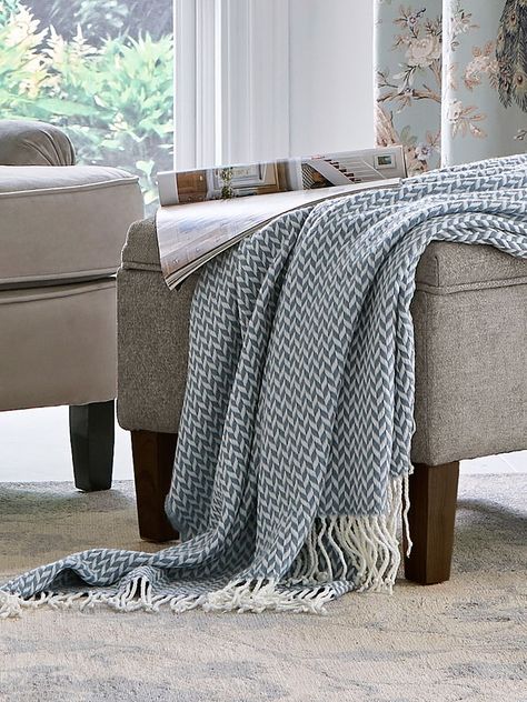 Laura Ashley Arya Throw, Sea Throws On Sofas, Sofa With Throw, Laura Ashley Paint, Interior Themes, Scandi Living, Herringbone Design, Blue Throws, Net Bag, Woven Throw