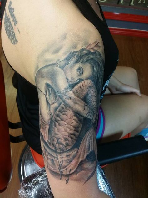 My black and gray mermaid tattoo sleeve with Wonder Woman arm band. Artist is Puppet at Lost boys Tyler, tx Mermaid Tattoo Sleeve, Mermaid Sleeve Tattoos, Hip Tattoos, Upper Arm Tattoos, Mermaid Tattoo, Tyler Tx, My Black, Upper Arms, Hip Tattoo