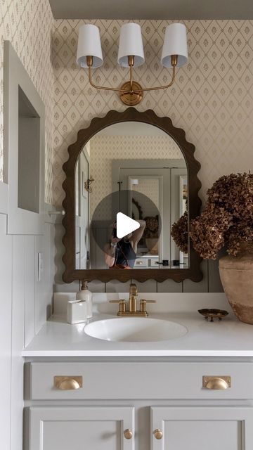 Erin Gerlach | Hamilton Park Home on Instagram: "DIY scalloped mirrors are done and I’m obsessed 😍 Also, the first sneak peek of the finished wallpaper 🫣 🛒 https://liketk.it/4bsC0" Powder Bathroom Inspiration, Scalloped Mirror Bathroom, Diy Scalloped Mirror, Bathroom Vanity Black Hardware, Traditional Powder Room Design, Scallop Mirror, Powder Bathroom Ideas, Stand Up Mirror, Custom Bathroom Cabinets