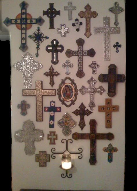 collection... Wall Of Crosses Ideas, Cross Wall Art, Catholic Decor, Flat Decor, Cross Wall, Cross Wall Decor, Home Altar, Holy Mary, Wall Crosses