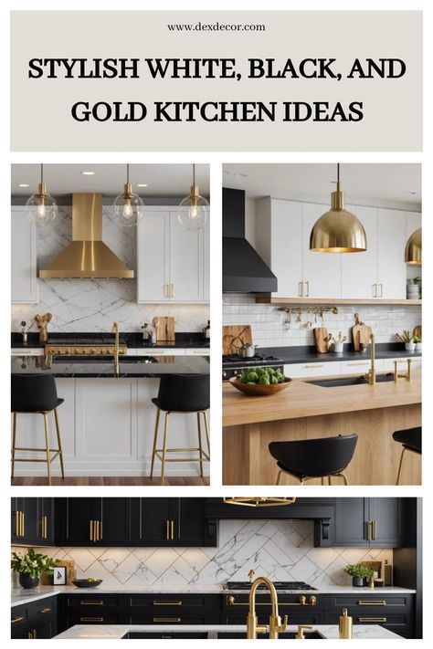 Stylish kitchens featuring white, black, and gold accents with modern lighting. White Kitchen Cabinets With Gold Hardware, Black White And Gold House Aesthetic, White Black And Wood Kitchen Modern, Black White And Gold Kitchen Ideas, Neutral Kitchen With Black Accents, Black And Gold Appliances, White Black Gold Kitchen, Kitchen Gold Handles, Gold Fixtures Kitchen