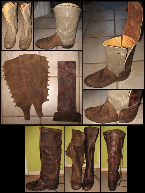 "I bought a pair of used cowboy boots and some lambskin, drafted a pattern and after sewing them, glued the new leather parts on the old boots with contact cement." Cover Boots, Costumes Faciles, Costume Viking, Costume Carnaval, Pirate Boots, Costume Boots, Comfy Boots, Barefoot Sandal, Old Boots