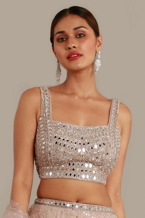 Silver Crop Top Blouse Designs, Mirror Choli Design, Silver Work Lehenga, Simple Work Lehenga, Silver Blouse Designs For Lehenga, Ash Colour Blouse Work Designs, Mirror Work Designs For Blouses, Silver Designer Blouse, Silver Colour Blouse Designs Latest