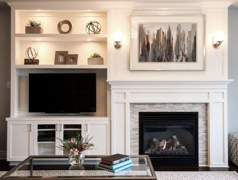 Off Center Fireplace, Fireplace Entertainment Center, Diy Tv Stand, Fireplace Built Ins, Dining Room Makeover, Fireplace Remodel, Trendy Living Rooms, Living Room And Dining Room, Home Fireplace