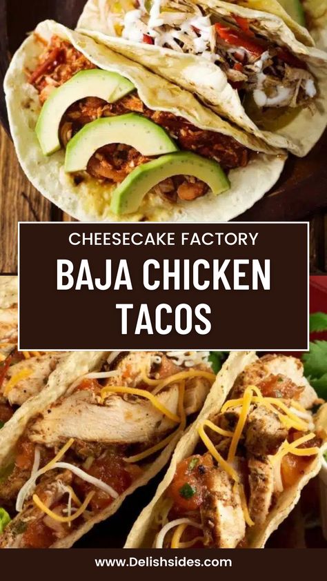 The pin features an appetizing image of Baja Chicken Tacos inspired by the Cheesecake Factory recipe. The box description entices users to recreate this flavorful dish at home, emphasizing the tender and seasoned chicken, along with the fresh toppings and warm tortillas. Baja Chicken Tacos, Baja Chicken, Cheesecake Factory Recipe, Baja Sauce, Cheesecake Factory Recipes, Grilled Chicken Tenders, Kids Dinner, The Cheesecake Factory, Spiced Chicken