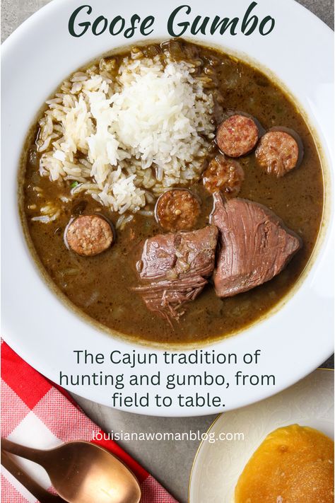 A dark roux thickens this Goose Gumbo recipe to spicy, flavorful perfection. Making gumbo with wild goose or duck has been a tradition Cajuns have passed down through the years. This easy recipe represents their simple lifestyle of living off the land from field to table. Duck And Andouille Gumbo, How To Make Roux For Gumbo, Cajun Recipes Louisiana Authentic Gumbo, Duck Gumbo, Louisiana Rice, Shrimp Okra Gumbo, No Roux Gumbo, Smothered Okra, Gumbo Recipe Okra