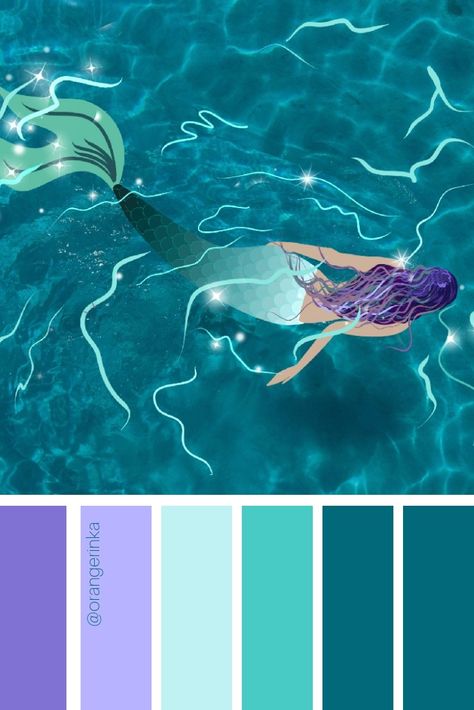 Follow me on Instagram for more beautiful art! This Mermaid color palette is based on my digital art #colorpalette #art #digital #turquoise #purplehair #scales #aqua Ocean Color Palette, Mermaid Colors, Palettes Color, Crystal Wedding Dress, Color Symbolism, Mermaid Pictures, Mermaid Core, Color Schemes Colour Palettes, Colors Palette