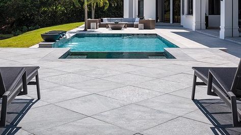 Belgard launches porcelain paver line Belgard Pavers Pool, Pool Decking Options, Porcelain Pool Deck, Small Backyard Pool Landscaping, Ideas For Pool Area, Gray Pavers, Pool Hardscape, Dream Landscaping, Pool Area Landscaping