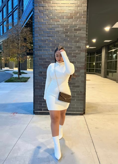 Sweater Dress Birthday Outfit, White Ankle Boots Outfit Winter, Sweater Dress Outfit Black Women, White Dress With Cardigan, White Chelsea Boots Outfit, White Dress With Boots, Boots Sweater Dress, White Ankle Boots Outfit, White Booties Outfit