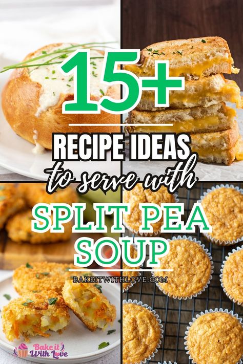 Here's what to serve with split pea soup to turn it into a rich and satisfying meal your family will enjoy! From classic sandwiches and salads to quiches, cornbread, and more, there are tons of tasty recipes to try! This classic comfort food tastes even better with the perfect side dish! BakeItWithLove.com Split Peas Recipes, Classic Sandwiches, Split Pea Ham Soup, Sour Cream Cornbread, Bread Bowl Soup, Homemade Bread Bowls, Bread Bowl Recipe, Pea And Ham Soup, Leftovers Soup