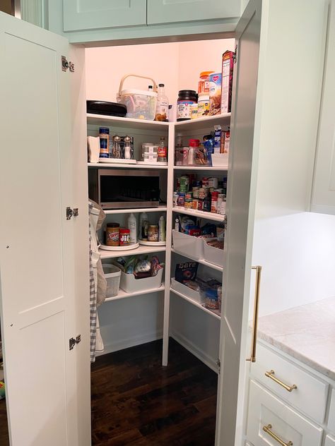 How We Moved a Microwave into the Pantry - Life Love Larson Microwave In Pantry Ideas, Small Pantry With Microwave Shelf, Small Pantry With Microwave, Pantry With Oven And Microwave, Corner Pantry With Microwave, Microwave In The Pantry, Walk In Pantry Microwave, Microwave In Small Pantry Closet, Pantry Microwave Ideas