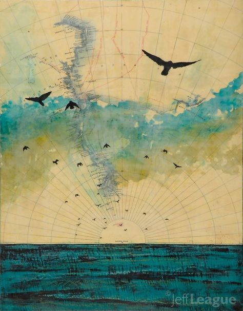 Mixed media photo transfer and encaustic painting by Jeff League of crows over antique map of Antarctica. Encaustic Photography, Photo Encaustic, Map Collage, Encaustic Mixed Media, Wax Art, Mixed Media Photography, Photo Transfer, Encaustic Art, Tableau Art