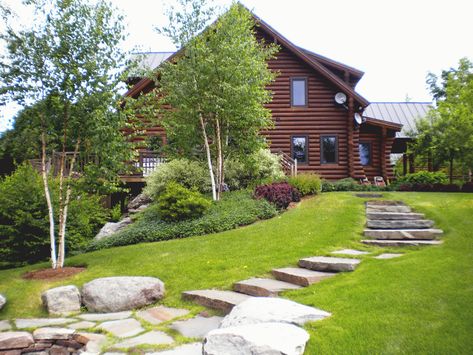 Mountain Top Home - Rustic - Landscape - Burlington - by Landshapes | Houzz Mountain Home Landscaping Ideas, Mountain Home Landscaping, Cabin Remodel, Curb Appeal Landscape, Lodge House, Montana Ranch, Rustic Landscape, Small Log Cabin, Georgia Mountains