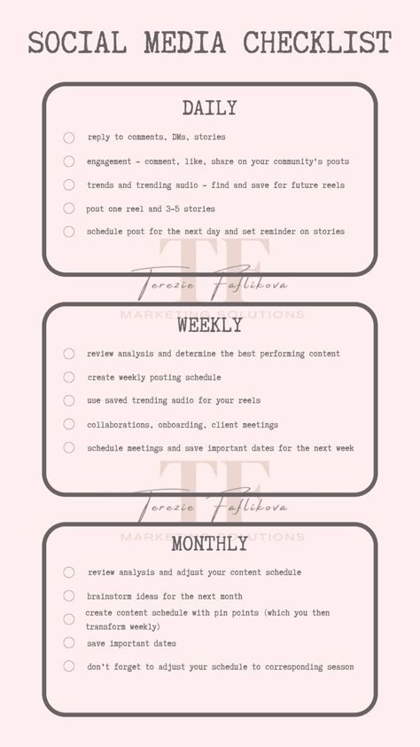 Daily, weekly and monthly checklist for your social media strategy Monthly Checklist, Boutique Social Media, Social Media Manager Content, Social Media Checklist, Instagram Content Creator, Social Media Marketing Planner, Social Media Management Business, Social Media Content Strategy, Social Media Content Planner