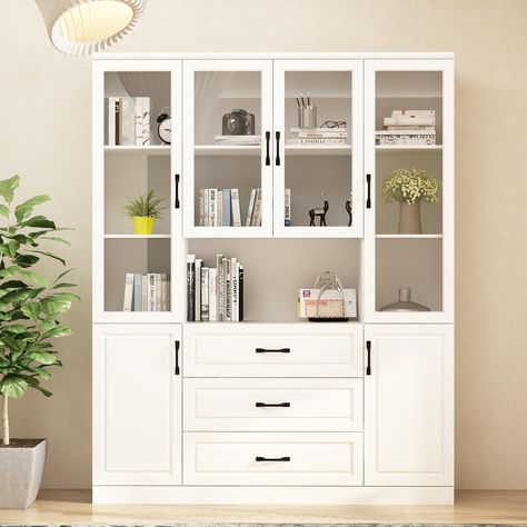 Homsee Tall Bookcase Bookshelf with Storage Shelves, 3 Drawers & 4 Glass Doors, Wooden Display Storage Cabinet with 11 Compartments for Home Office, Living Room, White (63”W x 15.7”D x 78.7”H Tall White Bookcase, Modular Cabinets, Bookcase With Glass Doors, Large Bookcase, Cabinet With Drawers, Pantry Storage Cabinet, Dining Cabinet, Kitchen Pantry Storage, Dining Room Buffet