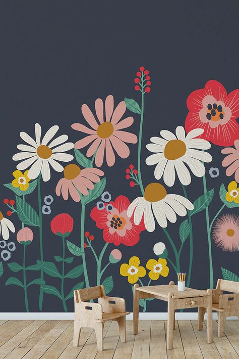 Kids Flower Mural, Wall Flowers Painting, Wall Painting For Garden, Mural Art Flowers, Wall Murals Art Ideas, Easy Murals To Paint Outside, Flowers Wall Painting Ideas, Mural Flowers Wall, Easy Flower Wall Painting