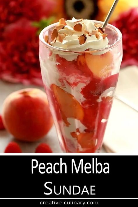 This Peach Melba Ice Cream Sundae with Toasted Almonds is an easy and delicious way to enjoy the bounty of late summer peaches combining them with raspberries, vanilla ice cream, toasted almonds and whipped cream. via @creativculinary Nectarine Desserts, Peach Melba Recipe, Ice Cream Sundae Recipe, Culinary Desserts, Sundae Recipes, Culinary Food, Coffee Milkshake, Summer Pie, Peach Melba