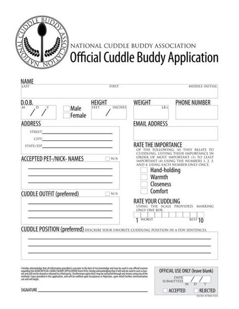 To be filled out on the first date =) lolz Cuddle Application, Cuddle Buddy Application, Boyfriend Application, Funny Certificates, Funny Awards, Cuddle Buddy, Application Form, Homestuck, Makes Me Laugh