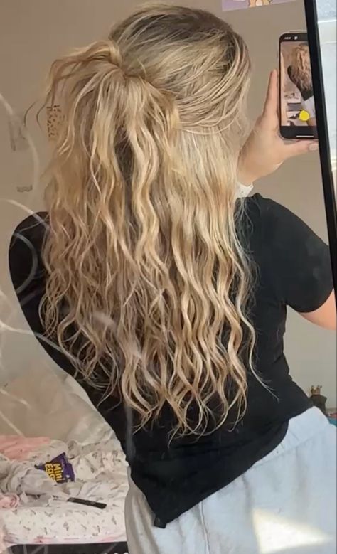 curly hair, wavy hair, half up half down, hairstyle inspo Half Up Half Down Waves, Dirty Blonde Wavy Hair, Half Up Half Down Wavy Hair, Wavy Crimped Hair, Half Up Half Down Wavy, Half Up Curly Hair, Curly Half Up Half Down, Curly Hair Wavy, Half Up Half Down Hairstyle