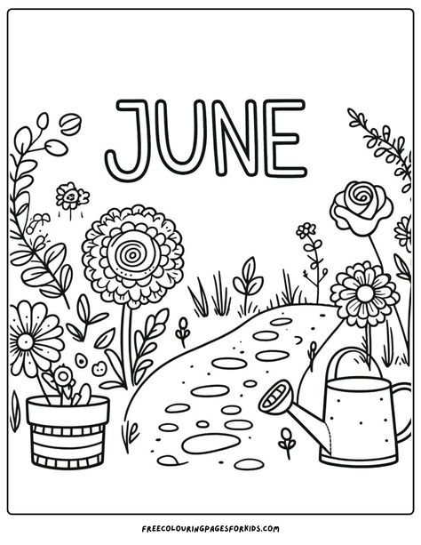 Enjoy endless fun with our free and easy month of June-themed coloring printable page of a peaceful garden setting. Perfect for kids to unleash their creativity as Spring and Summer arrive — download your favorites now! June Coloring Pages, June Colors, Peaceful Garden, Free Kids Coloring Pages, Whimsical Fonts, Kid Coloring Page, Colorful Roses, Charming Garden, Month Colors