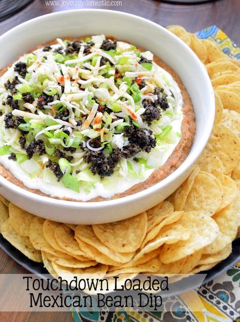 Joyously Domestic: Touchdown Loaded Mexican Bean Dip Mexican Bean Dip, No Cook Appetizers, Bean Dip, Corn Chips, Secret Recipe, Recipe For Mom, Refried Beans, Fabulous Foods, Yahoo Mail