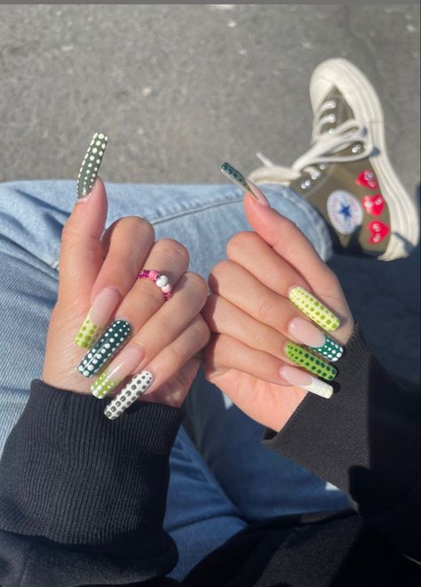 Green Dot Nails, Luv Nails, Dot Nails, Glitter French Tips, Green Vibes, Abstract Nail, Long Square Nails, Abstract Nail Art, Shoe Nails