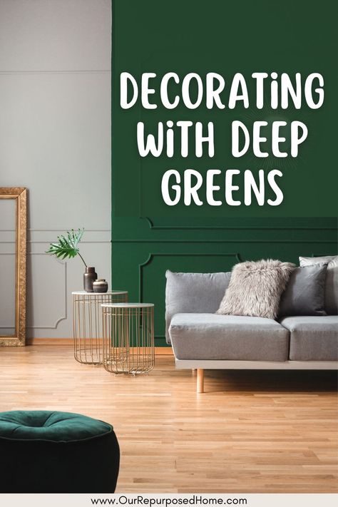 Emerald Green Lounge Ideas, Emerald Green And Beige Living Room, Decorating With Emerald Green, Deep Green Accent Wall Living Room, Green Statement Wall Living Rooms, Living Room With Emerald Green Sofa, Emerald Office Decor, Forest Green Living Room Ideas, Green Couch Wall Color