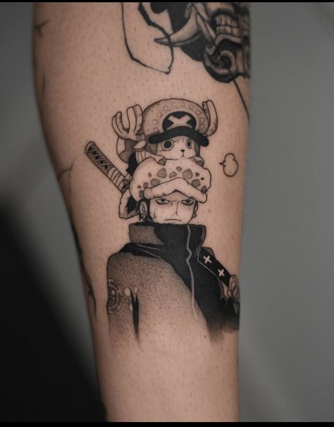 One Piece Panel Tattoo, One Piece Patchwork Tattoo, Laws Tattoos One Piece, One Piece Tattoo Sleeve, One Piece Matching Tattoos, Small One Piece Tattoo Ideas, One Piece Inspired Tattoo, Chopper Tattoo Design, Matching One Piece Tattoos