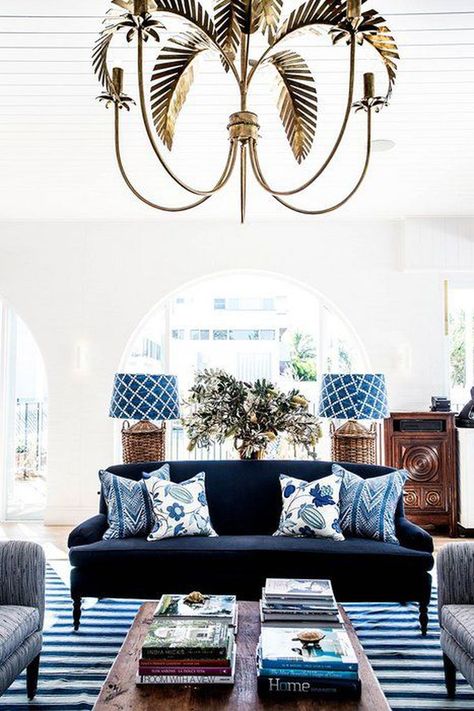 Top Tips for Decorating Your Home With Mixed Patterns Halcyon House, Navy Blue Decor, Leaf Chandelier, Interior Design Minimalist, Blue Prints, Casa Vintage, Living Room Prints, Beach House Interior, White Living