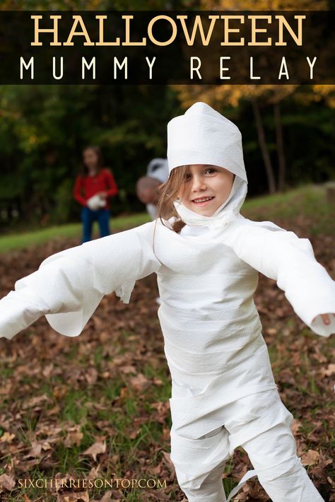 Mummy Relay Race Group Halloween Games, Mummy Wrap, Fun Halloween Games, Relay Races, Halloween Games For Kids, Halloween Bash, Halloween Mummy, Halloween Yard Decorations, Halloween Party Games