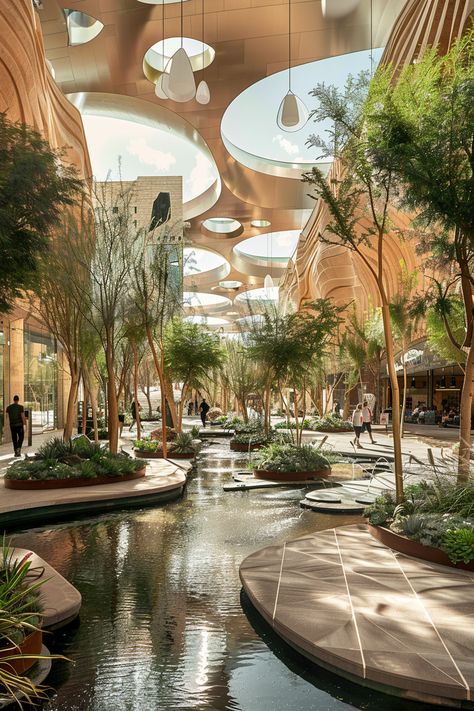 Retail District by Foster and Partners: Desert Planting and Sculptural Features Concrete And Plants Architecture, Central Atrium Architecture, Desert Water Features, Water Feature Interior, Green Roof Architecture, Biophilia Design, Biomimetic Architecture, Desert Landscape Ideas, Arch Sculpture