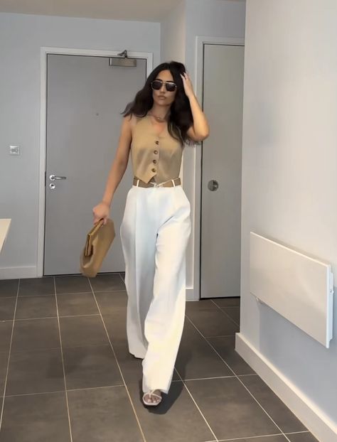 Neutral Work Outfit Summer, Tan Waistcoat Women Outfit, Khaki Waistcoat Outfit, Camel Vest Outfits For Women, Strapless Vest Outfit, Beige Waistcoat Outfit Women, Cream Waistcoat Outfit Women, Cream Vest Outfits For Women, Beige Waistcoat Outfit