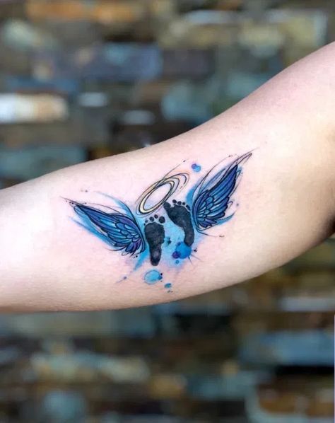 Blue Watercolor Tattoo Background, Misscarage Tattoo Ideas Angel Wings, Stillbirth Memorial Tattoos, Baby Memorial Tattoos, Baby Footprint Tattoo, Halo Tattoo, Memorial Tattoo Quotes, Baby Tattoo Designs