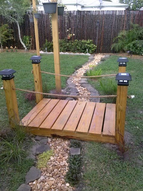 Garden With Bridge Ideas, Backyard Bridges Landscaping, Entertainment Yard Ideas, Deck With Bridge, Small Wooden Bridge Garden, Pallet Bridge Wood Walkway, Build A Bridge Over A Creek, Pond Bridge Diy, Bridge Over Drainage Ditch