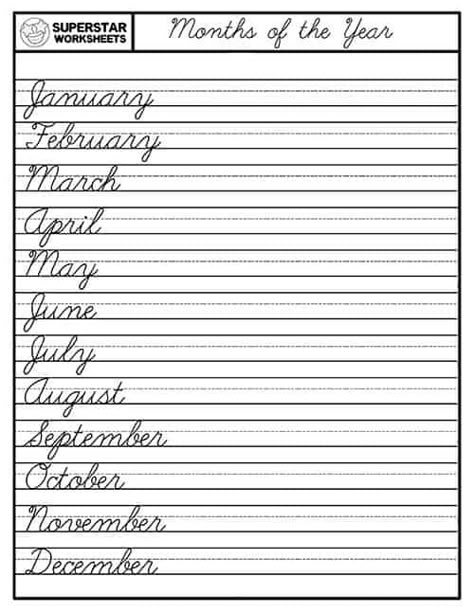 Simple handwriting and spelling practice for the days of the week and the months of the year. Students practice writing in print and cursive with these free calendar worksheets. Cursive Learning, Cursive Practice Sheets, Simple Handwriting, Teaching Cursive Writing, Cursive Writing Practice Sheets, Cursive Worksheets, Calendar Worksheets, Cursive Handwriting Worksheets, Teaching Cursive