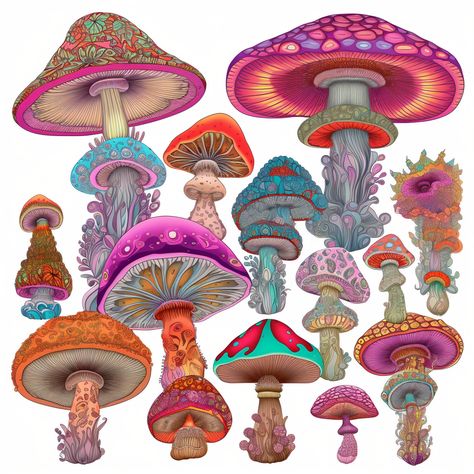 Colorful Mushroom Painting, Colourful Mushroom Art, Mushroom Board, Bright Mushroom Art, Psychedelique Mushrooms, Mushroom Ideas, Drawing Of Mushrooms Trippy, Whimsical Mushrooms, Mushroom Paint