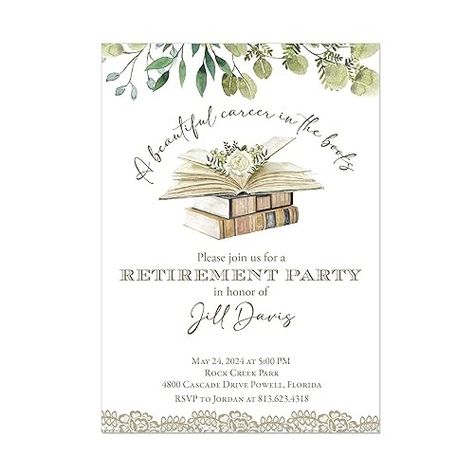 Amazon.com: Book Themed Retirement Party Invitation, A Beautiful Career in the Books : Handmade Products Book Themed Retirement Party, Theme Retirement Party, Retirement Party Invitation, Retirement Invitations, Retirement Party Invitations, Book Theme, Retirement Parties, Retirement Party, Book Themes