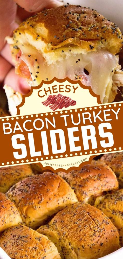 Cheesy Bacon Turkey Sliders, Gameday food ideas, tailgating food Bacon Turkey, Deli Turkey Recipes, Gameday Food, Turkey Sliders, Football Party Foods, Bacon And Cheese, Deli Turkey, Crowd Pleasing Appetizers, Football Party Food