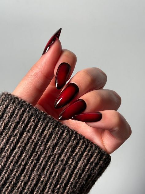 fall season nails, almond nails, fall nail, halloween nails, Wanda Maximoff Nails Designs, Aura Red Nails, Red Aura Nails, Interesting Nails, Red Nail Inspo, Masc Style, Vampy Nails, Ruby Nails, Red Aura