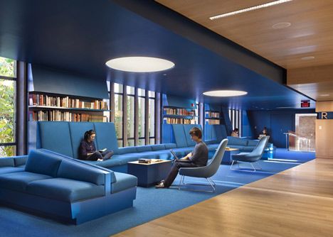 library wood and color Arch Library, Office Lighting Design, Liberty Mutual, Modern Office Interiors, Loft Interior, School Interior, Corporate Interiors, Office Lounge, Design Library