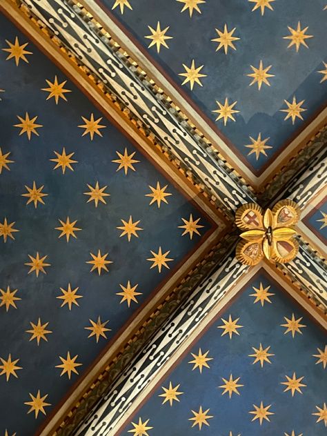 Stars On Ceiling Aesthetic, Tin Ceiling Living Room, Blue Star Ceiling, Celestial Ceiling Bedroom, Polychromatic Colour Scheme, Victorian Celestial, Ceiling Pattern, Patterned Ceiling, Hanging Art From Ceiling