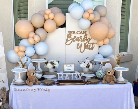 dazzlebyvicky on Instagram: 🐻𝒲ℯ 𝒞𝒶𝓃 ℬℯ𝒶𝓇𝓁𝓎 𝒲𝒶𝒾𝓉🐻 Candy dessert buffet by @dazzlebyvicky Goodie Table Ideas, Bear Theme Treat Table, Dessert Table For Gender Reveal, We Can Barley Wait Baby Shower Theme, Dessert For Baby Shower Ideas, Bearly Wait Table Decor, We Can Bearly Wait Treat Table, We Can Bearly Wait Baby Shower Table, We Can Barely Wait Dessert Table