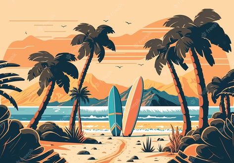 Palm Tree Illustration Design, Mountain And Sea Illustration, Palm Tree Vector Illustration, Beach Vector Art, Retro Beach Design, Vector Illustration Background, Illustration Art Beach, Beach Illustration Design, Beach Illustration Art