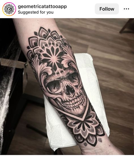 Skull Mandala Tattoo, Dot Work Mandala, Greek God Tattoo, Geometric Tattoo Pattern, Knee Tattoos, God Tattoo, Throat Tattoo, God Tattoos, Wicked Tattoos