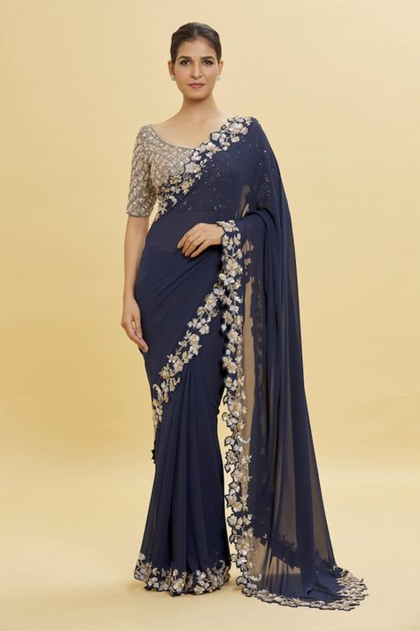 Buy Blue Chanderi Embroidery Cutdana Round Floral Cutwork Border Saree With Blouse For Women by Ikshita Choudhary Online at Aza Fashions. Sarees For Girls, New Saree Designs, Fashionable Saree Blouse Designs, Fancy Sarees Party Wear, Modern Saree, Border Saree, Simple Sarees, Saree Designs Party Wear, Traditional Indian Outfits