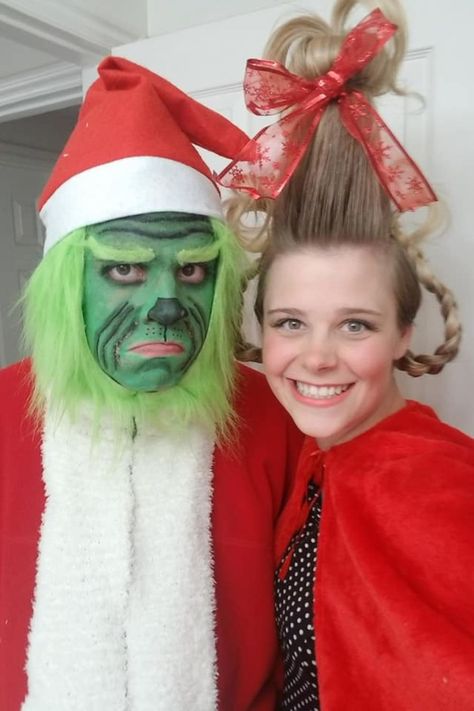 Diy Womens Grinch Costume, Grinch Costume Mens Diy, Grinch Costumes Diy, The Grinch Couple Costume, Grinch And Cindy Lou Costume Couples, The Grinch Diy Costume, Christmas Couples Costumes, Grinch And Cindy Lou Costume, Cindy Lou Who Costume Diy Women