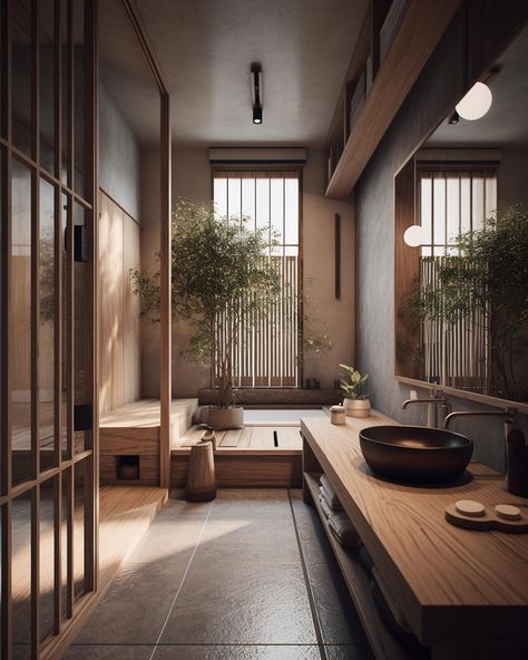 Japanese Inspired Bathroom, Japanese Style Bathroom, Japanese Bathroom, Japandi Interior Design, Zen Interiors, Zen House, Japanese Home Design, Led Mirrors, Japanese Style House