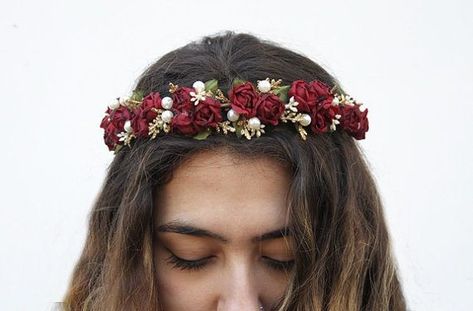 Oxblood Hair, Burgundy Crown, Rose And Pearl, Red Flower Crown, Floral Crown Wedding, Rose Crown, Rose Headband, Crown Flower, Hair Wreaths