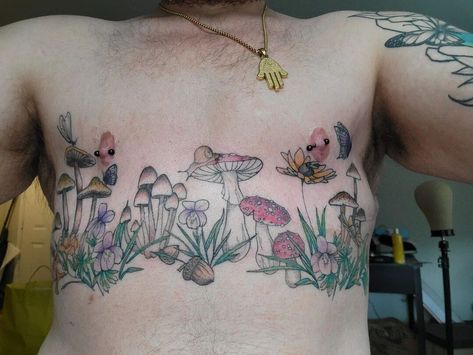 Top Surgery Tattoo Flower, Scar Incorporation Tattoo, Ftm Scar Tattoo Cover Up, Trans Ftm Tattoo Ideas, Top Surgery Chest Tattoo, Top Surgery Scar Coverup Tattoo, Post Top Surgery Tattoos, Ftm Top Surgery Scar Tattoo, Floral Chest Tattoo Men