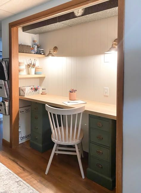 How To Transform A Closet Into An Art Nook - My Creative Days Turn Closet Into Desk Area, Diy Desk Nook, Work From Home Hidden Desk, Home Office Game Room Combo, Closet Into Desk, Convert Closet To Desk Space, Closet Turned Into Desk Area, Closet To Desk Conversion, Convert Closet Into Office